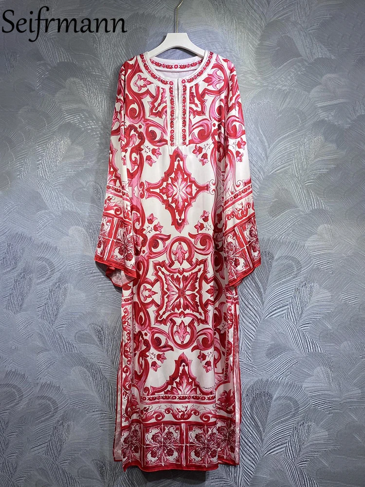 

Seifrmann High Quality Summer Women Fashion Runway Long Dress Batwing Sleeve Red White Porcelain Print Holiday Loose Dresses