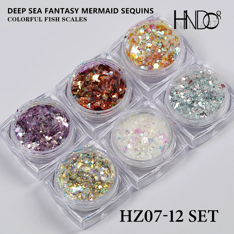 

HNDO 6 Pcs/Box Mermaid Scales Nail Glitter Set Hexagon Sequins Sparkle Powder Pigment for Nail Art Decorations DIY Manicure Kit