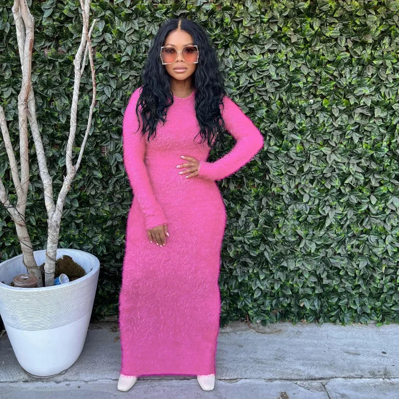 

WUHE Fleece Thick Warm Vintage Women O-neck Long Sleeve Solid Bodycon Maxi Long Dress 2023 Evening Sexy Party Club Prom Dresses