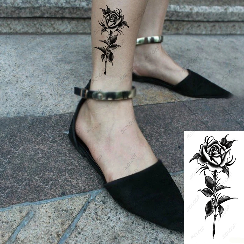 

Тату-наклейка женская черная, лепесток цветка розы, водостойкая, Flash Tattoo, мужская, боди-арт