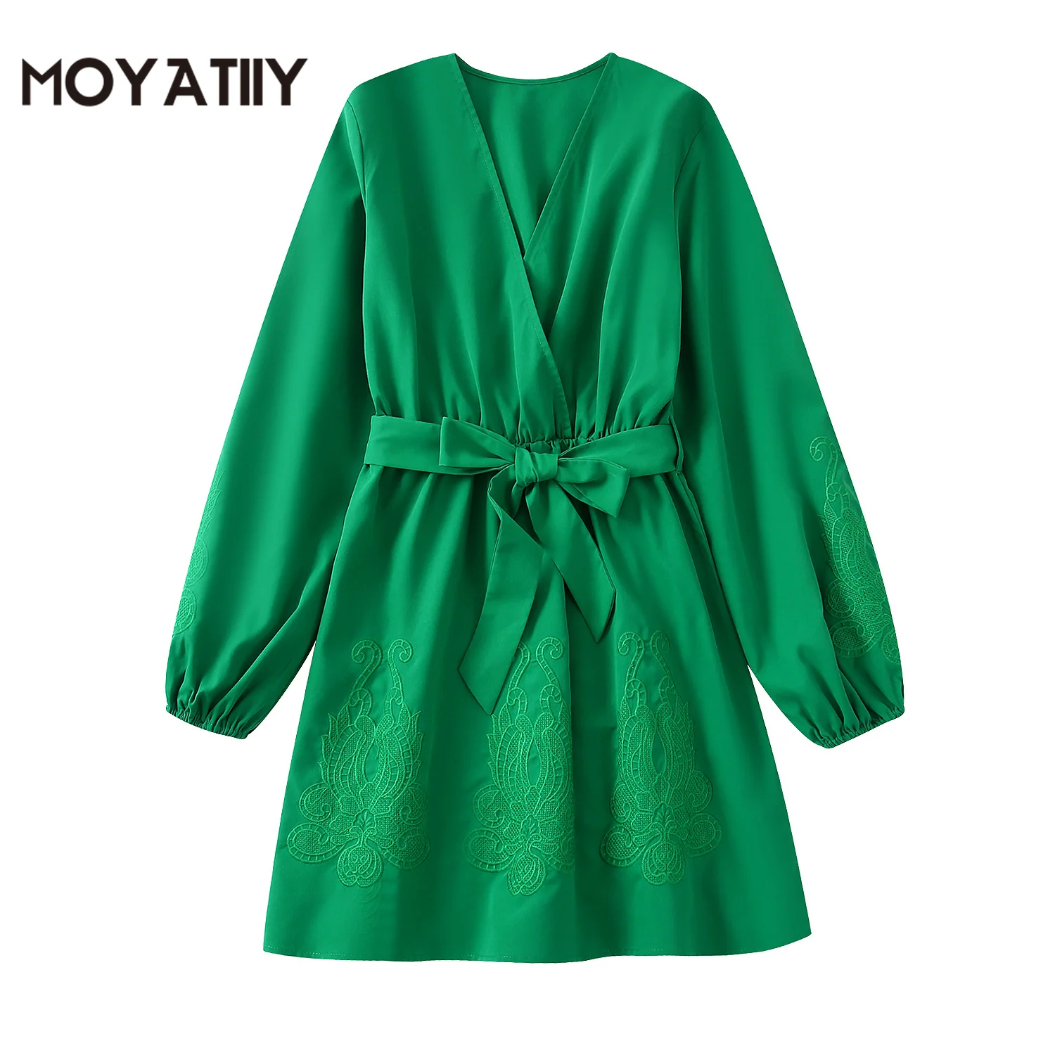 

MOYATIIY Women 2022 Fashion Spring Dress Classic Embroidery Design Green Party Dresses with Slash Lartern Sleeve Female Vestidos