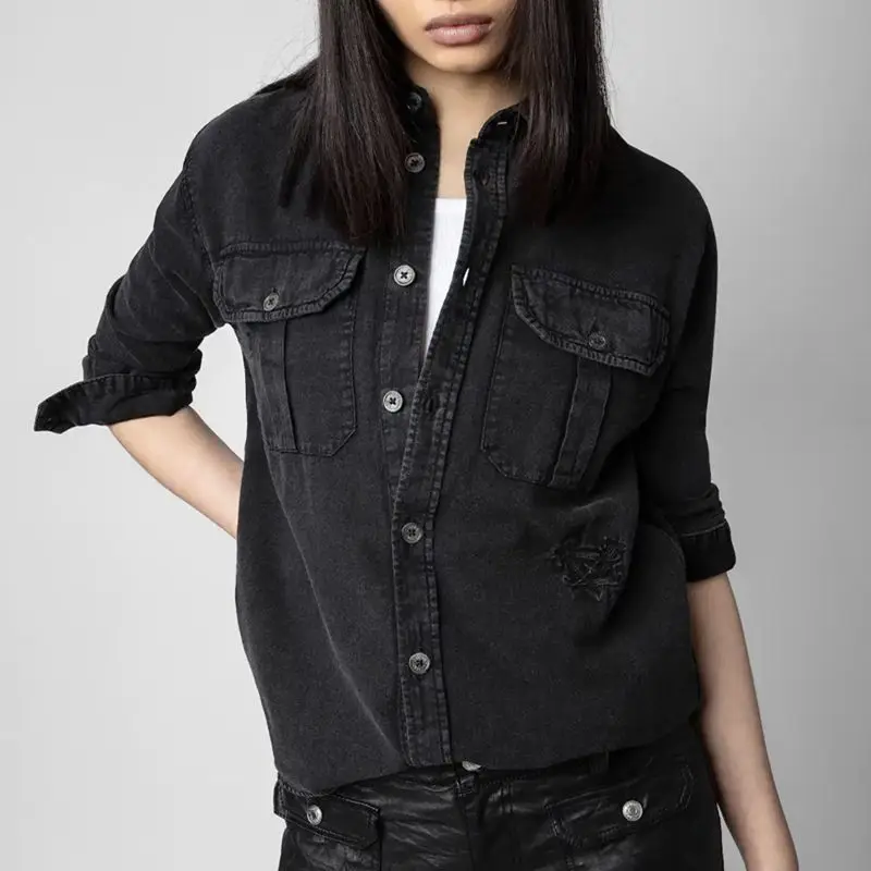 Denim Casual Shirt Coat Spring/Summer 2023 New Fashion Personality Black Denim Top Cardigan