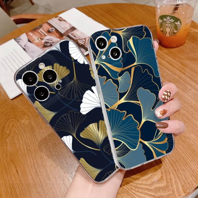 

Ginkgo Leaf Gold Fol Art Phone Case FOR IPhone 14 13 12 11 Pro Plus X 13 Pro MAX XR XS MINI Transparent Covers