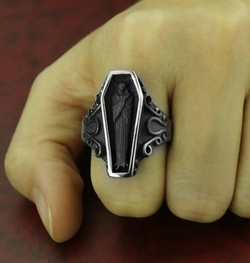 

Fashion Personality Gothic Vintage Flower Pattern Creativity Vampire Coffin Ring for Men Punk Trend Jewelry Gift
