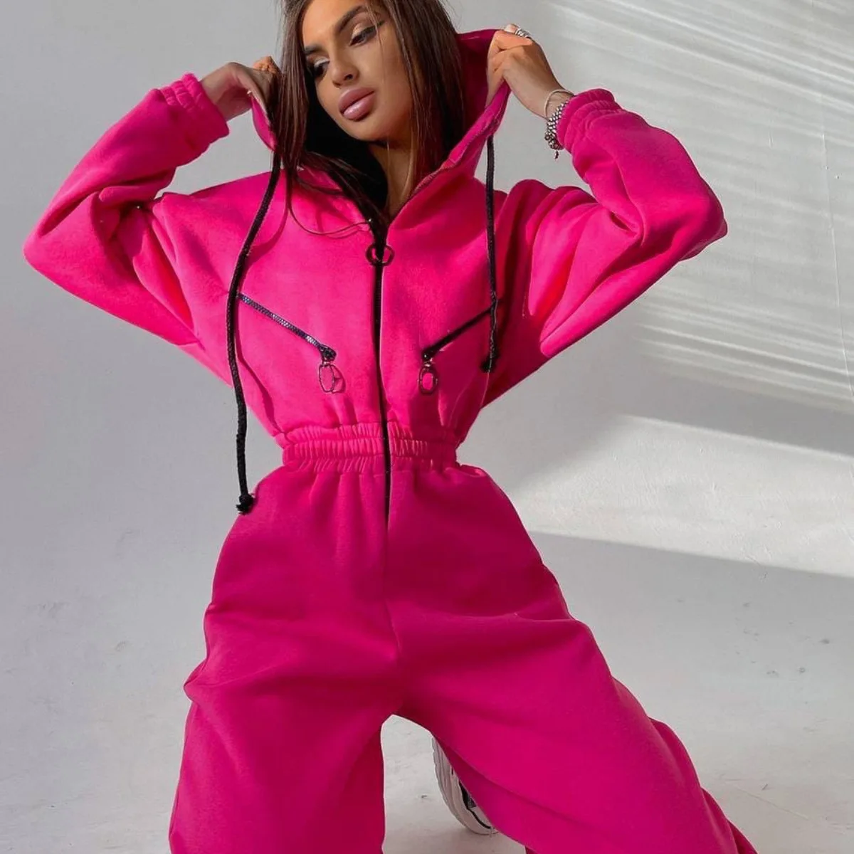 

Blue Women Casual Overalls Romper Spring Autumn Fashion Solid Sports Hooded Female Streetwear Zipper Playsuits 2022 Jumpsuits