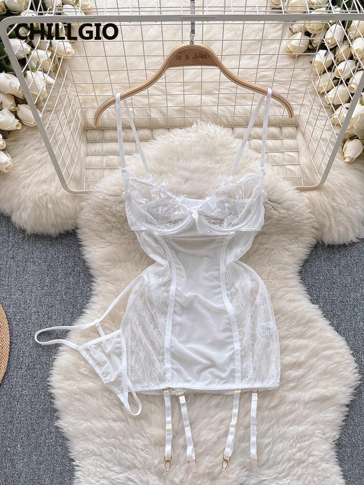 

CHILLGIO Women Transparent Sexy Lace Spaghetti Strap Dress Fashion Ins Bodycon Erotic Hotsweet Sundress Pajamas Nightgowns Suits