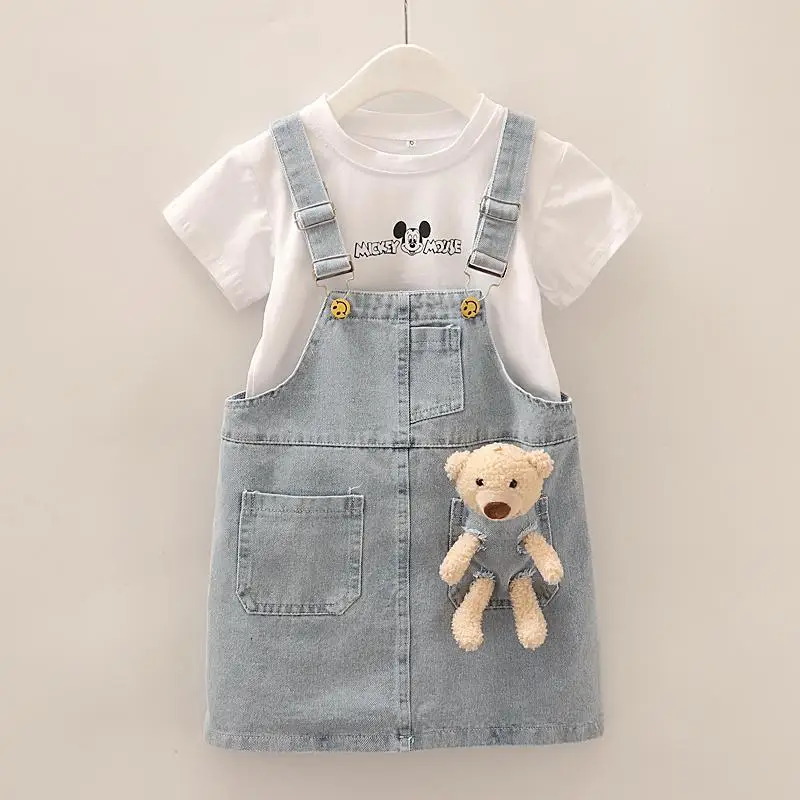 2023 Girl Denim Suspender Skirt with Teddy bear Summer New Children Clothes Kids Pink Skirt for Girls Jeans Overalls 2-10Y
