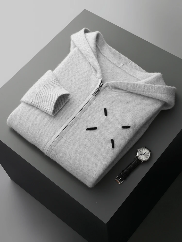 Высококачественный мужской плотный кардиган с капюшоном 100% кашемировый свитер