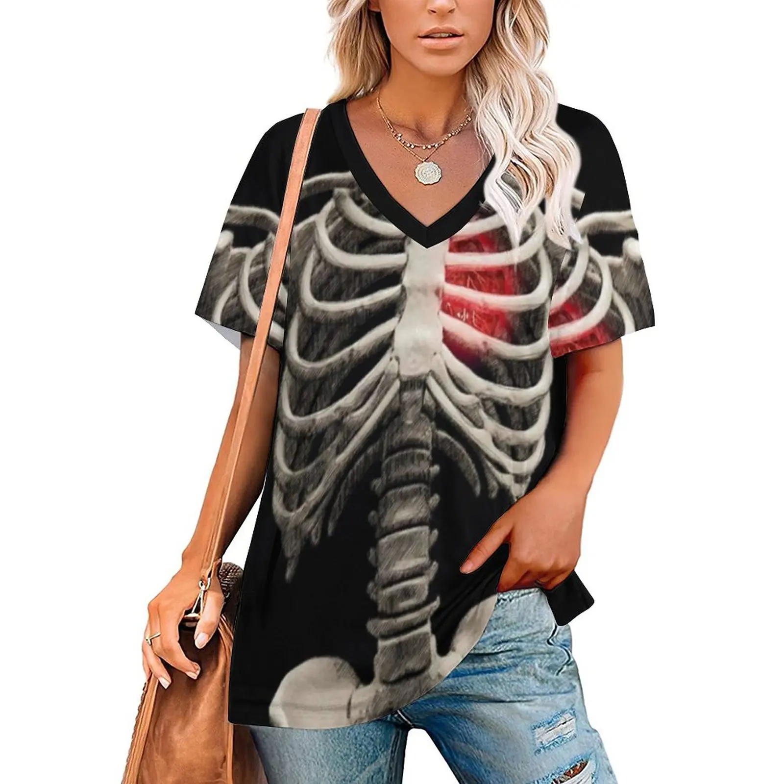 

Halloween Bones T Shirt Skeleton Art Heart Trendy V Neck T Shirts Short Sleeves Simple Tee Shirt Pattern Clothes Big Size 4XL