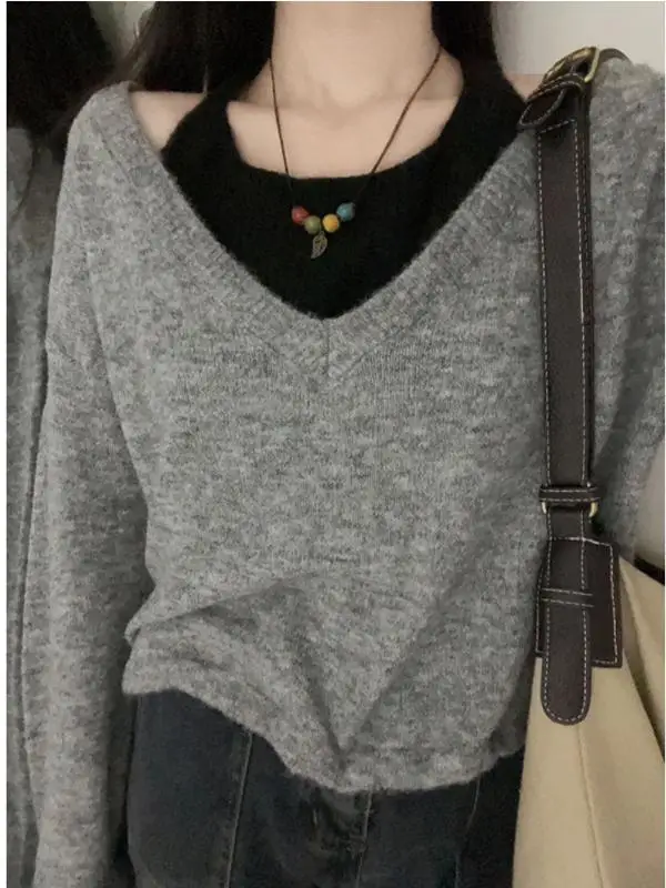 Американский винтажный свитер с v-образным вырезом искусственный из двух
