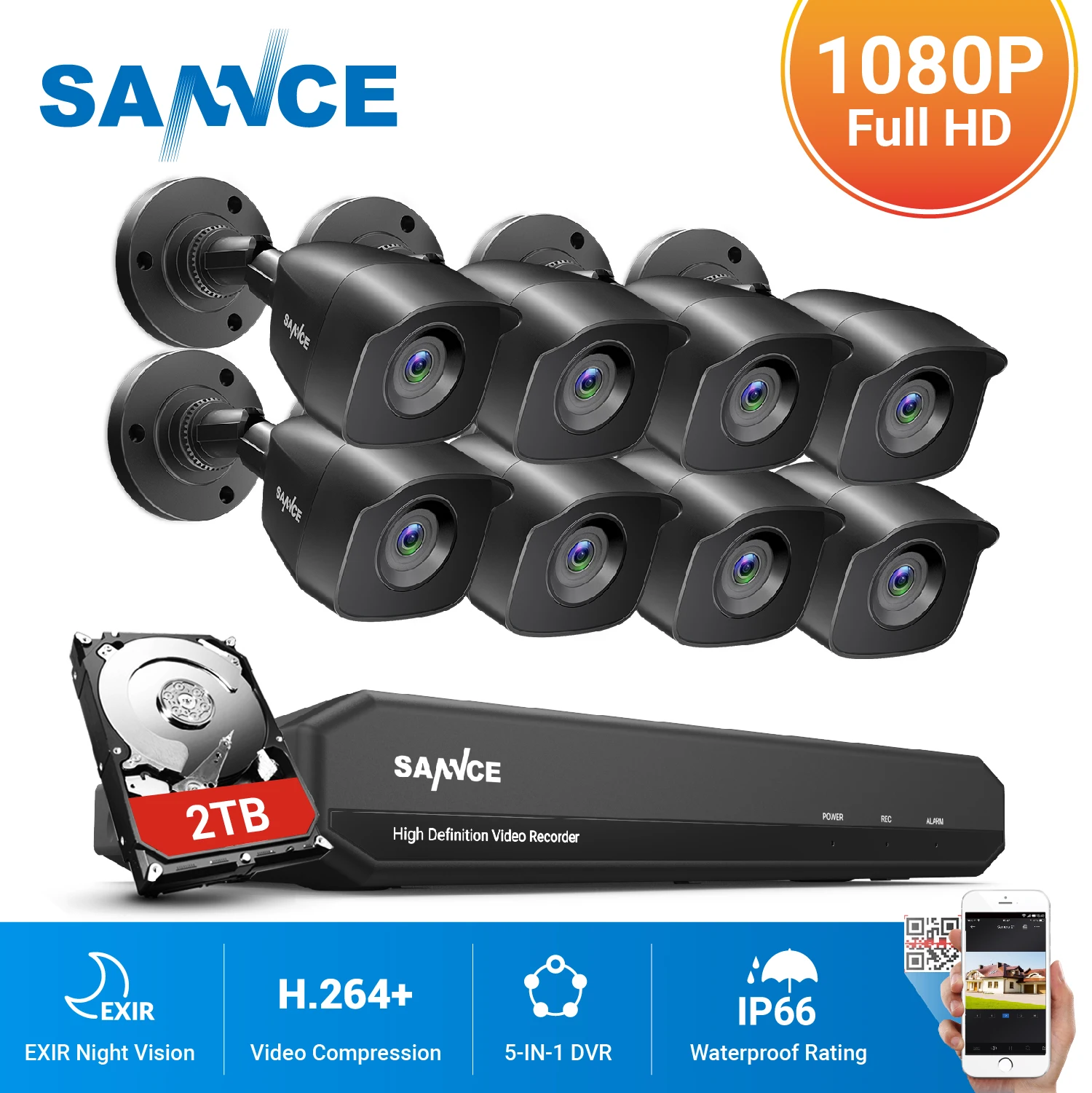 

SANNCE 8CH 1080N DVR CCTV System 4/8pcs 1080P 2.0MP Security Cameras IR Outdoor IP66 Video Surveillance Kit Motion Detection