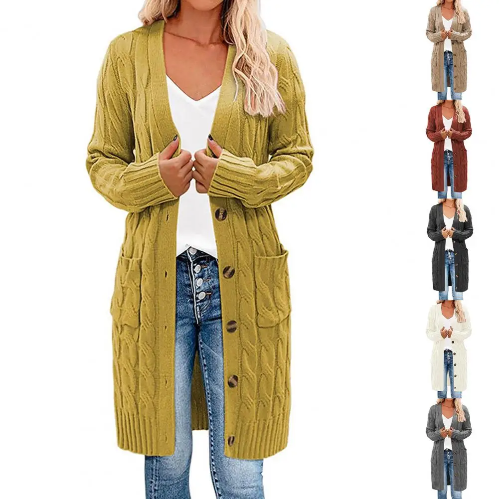 

Sweater Cardigan Autumn Winter Solid Color Long Cardigan Sweater Side Pockets Button Down Women Cardigan for Daily Wear