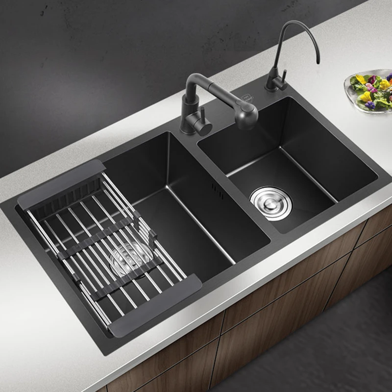80*45cm black SUS304 stainless steel thickened double-slot package kitchen basin sink nano double-basin under the counter