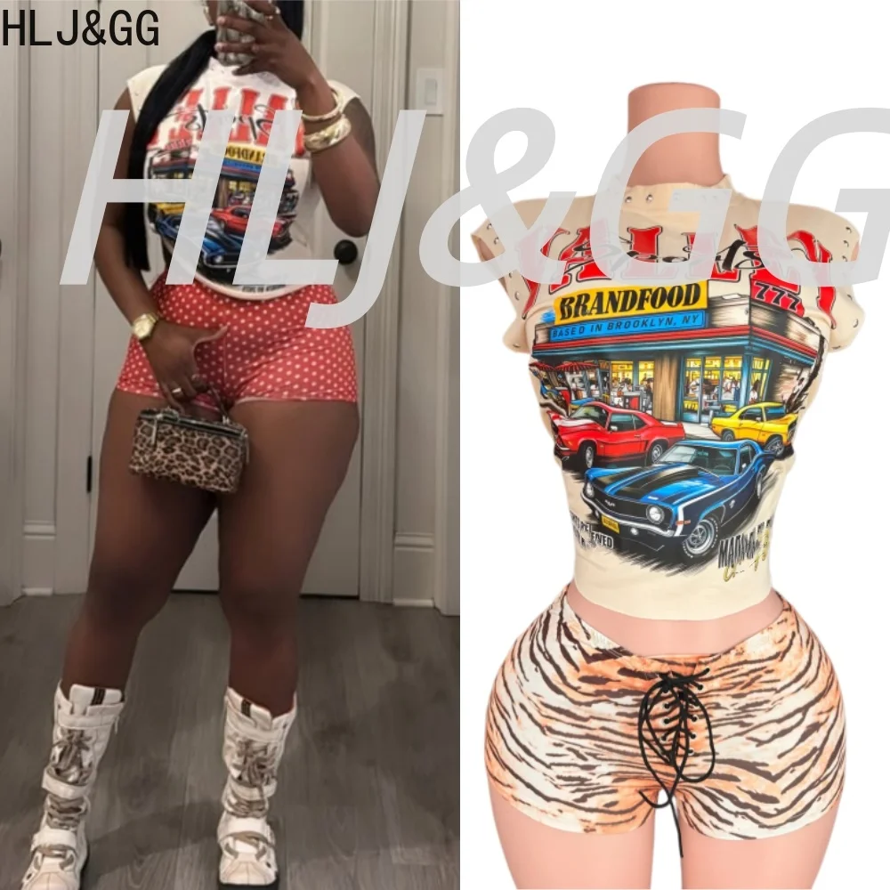 Фото Модные комплекты из двух предметов HLJ&GG Trend Y2K Tiger Bandage: топ без рукавов с надписью и шорты, модная уличная одежда из 2 предметов №1