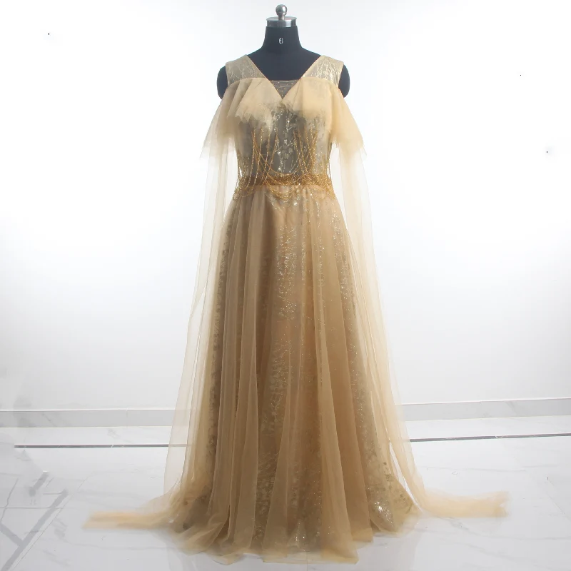 

Evening Dress Golden Beading Quality Tulle V-neck Off the Sholder A-line Floor length 2022 Woman Party Formal Dresses B261