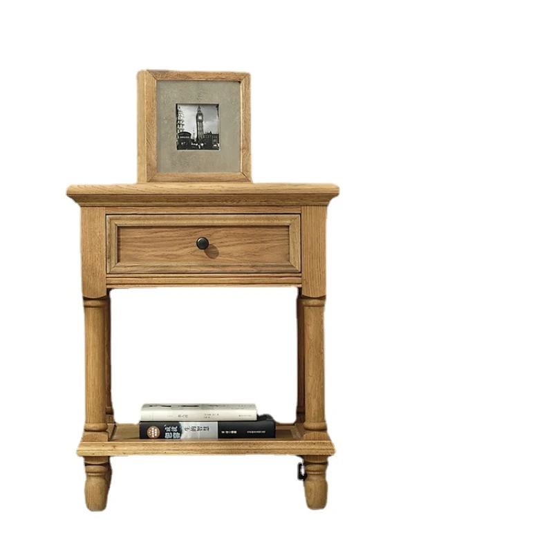 

Zl Vintage Oak Carved Bedside Table Solid Wood Three-Drawer Bedside Locker