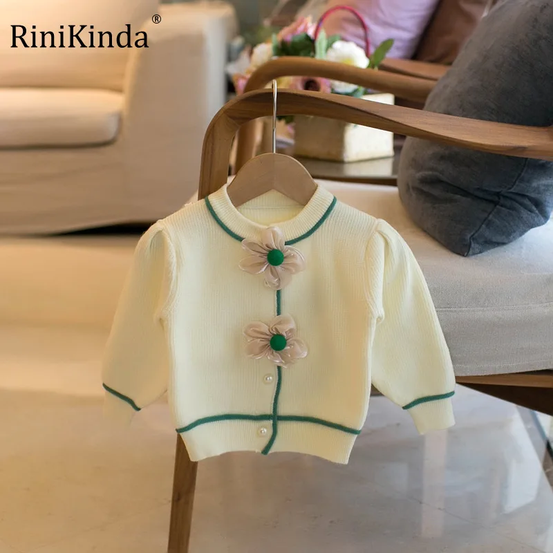 

RiniKinda 2022 Autumn Kids Cardigans Floral Long Sleeve Knitted Cardigan Sweater Clothes Outwear Thin Cotton Cardigan For Girls