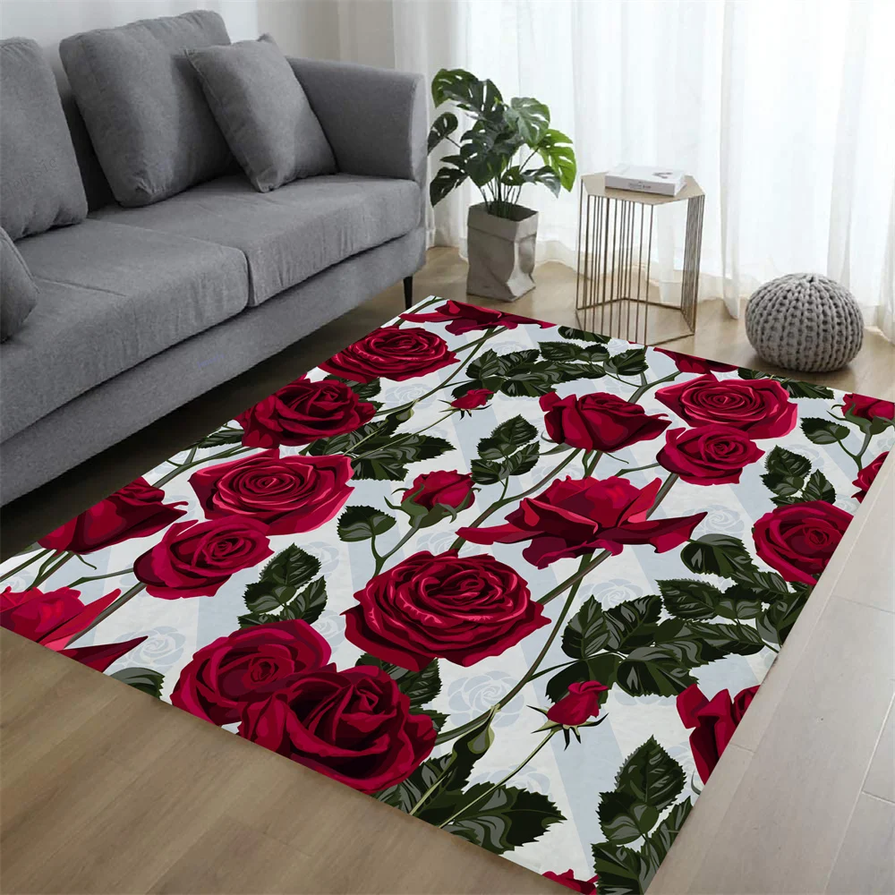 

Vintage Red Rose Carpet 3D Floral Room Decoration Dirt-resistant Polyester Sofa Mat Non-slip Bedside Rug Full Covered Area Rugs