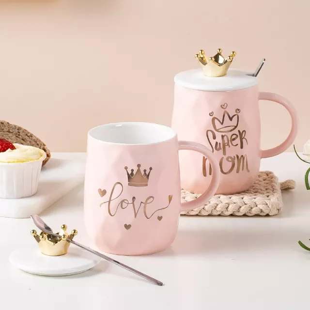 

2023New Crown Mark Cup Mug With Crown 400-500ML Lid and Spoon Ceramic Coffee Cup Gift for Girlfriend Wife Birthday Ceramic Cups