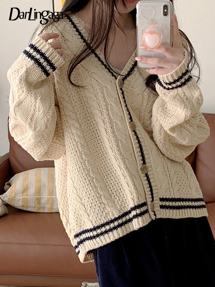 

Darlingaga Stripe Korean Clothes Loose Knitted Cardigans Jacket Casual Buttons Up Autumn Winter Sweater Female Preppy Style Knit
