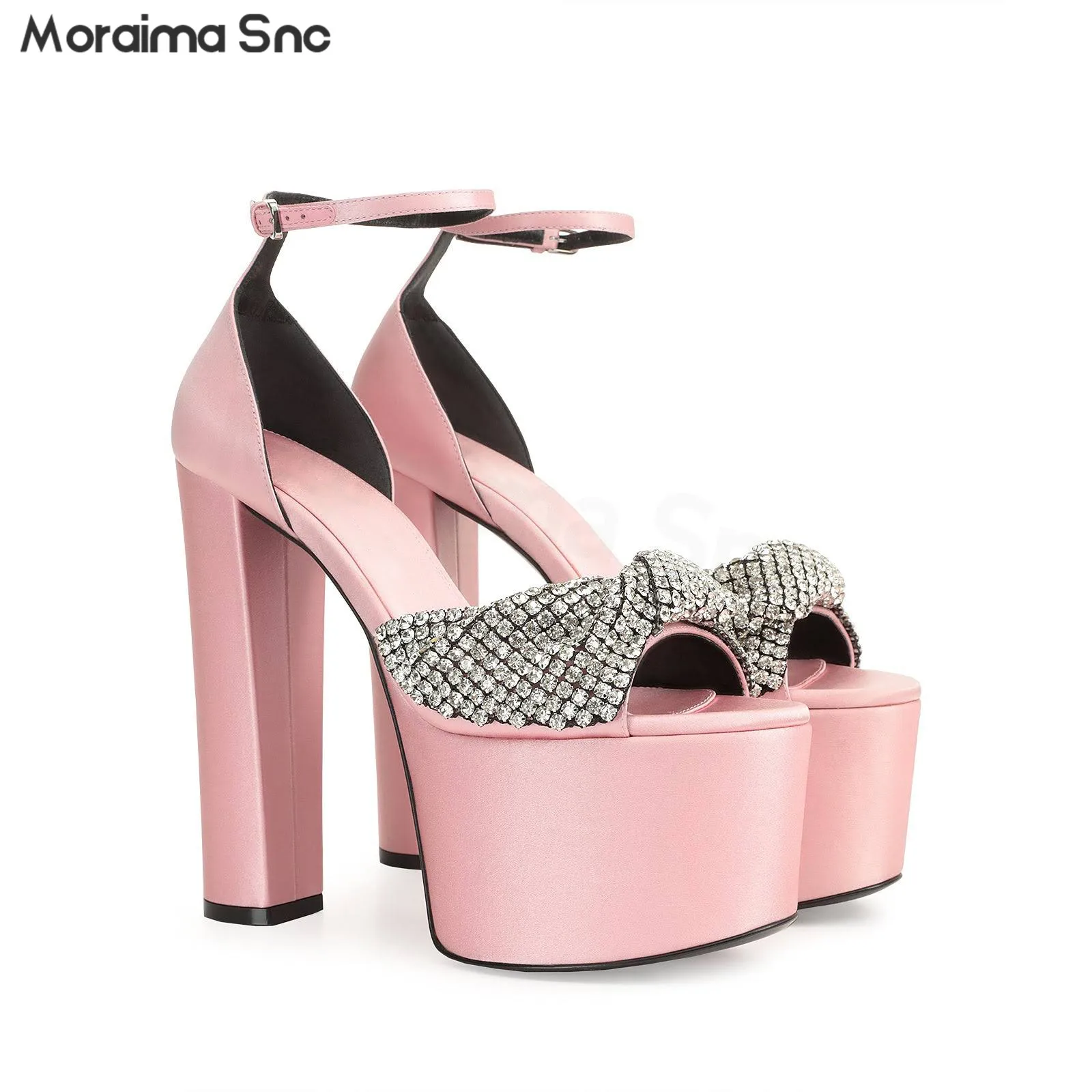 Rhinestone Cross Pleated Sandals Summer New Open Toe Round Toe Super High Heel Sandals Ankle Buckle Large Size Sexy Women's Shoe