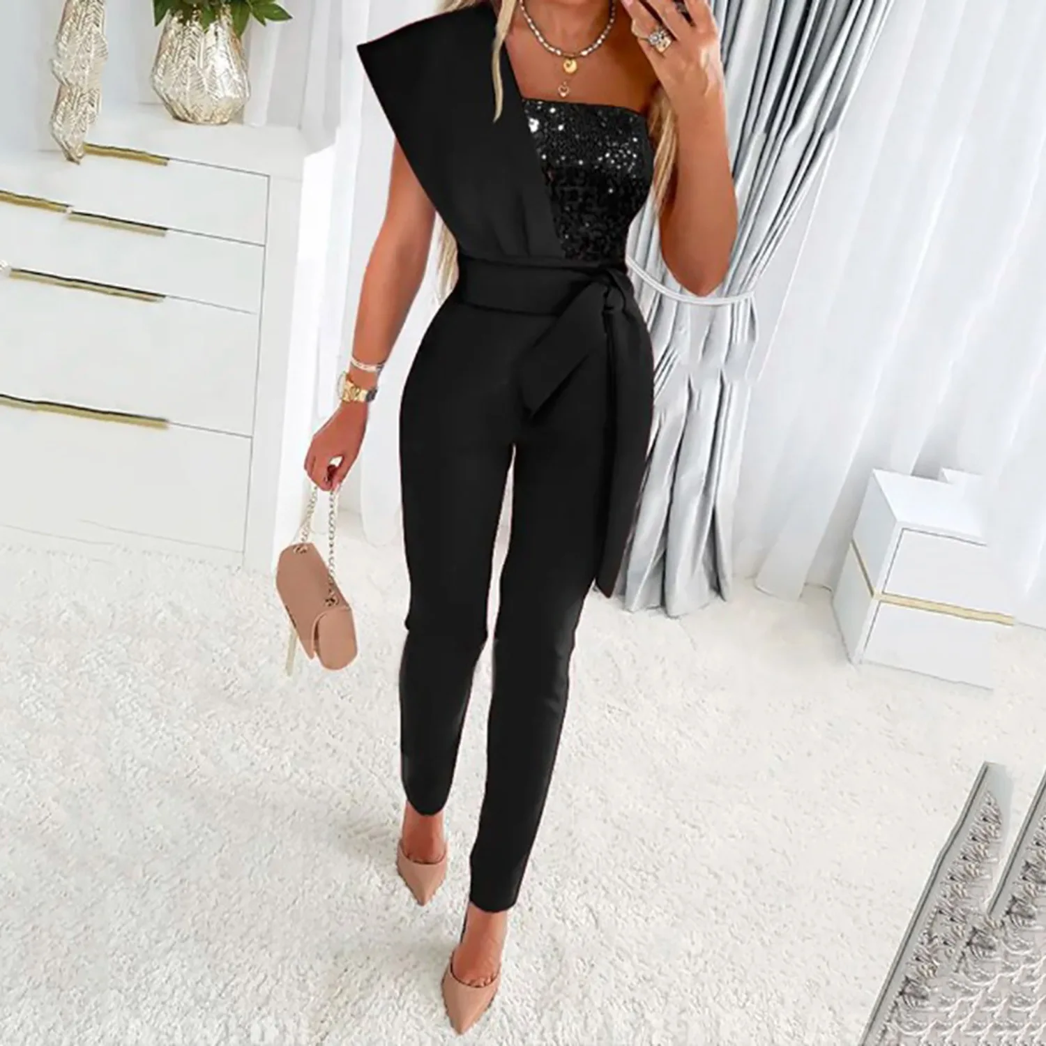 New 2023 Spring Summer Women's Clothing Solid Color Splicing Slim Sleeveless Jumpsuit Lace Up Casual Sexy&Club Fashion Rompers