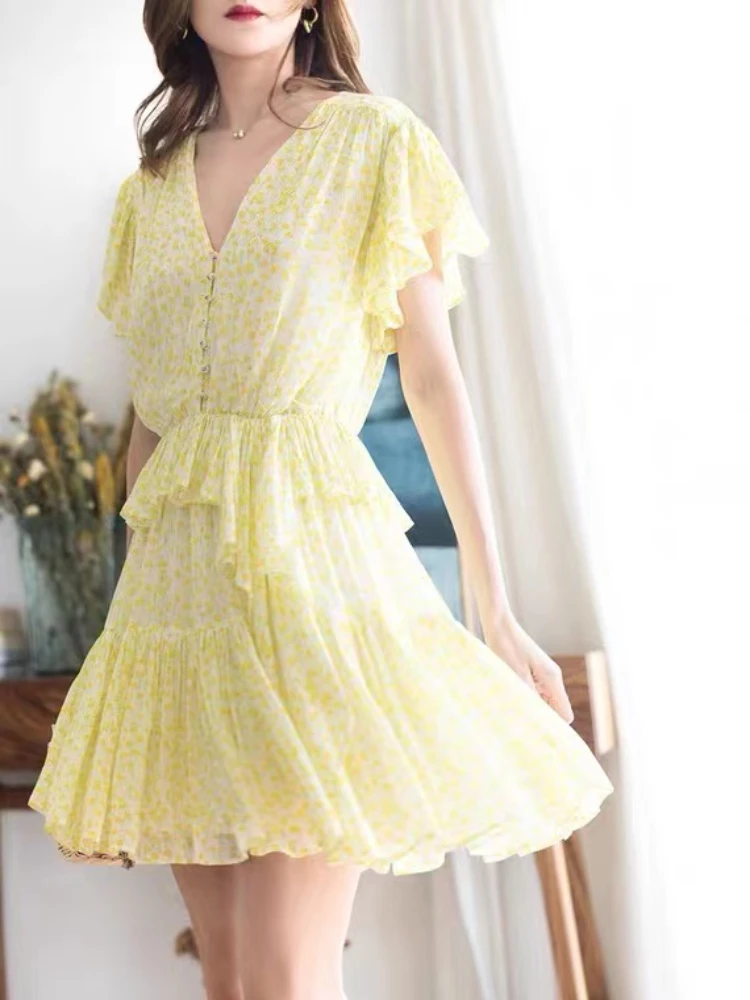 

Elegant Yellow Floral Print Dress Women Vintage Flying Sleeve Flounced Edge Dresses Summer Fashion Vestidos Casual French Brand