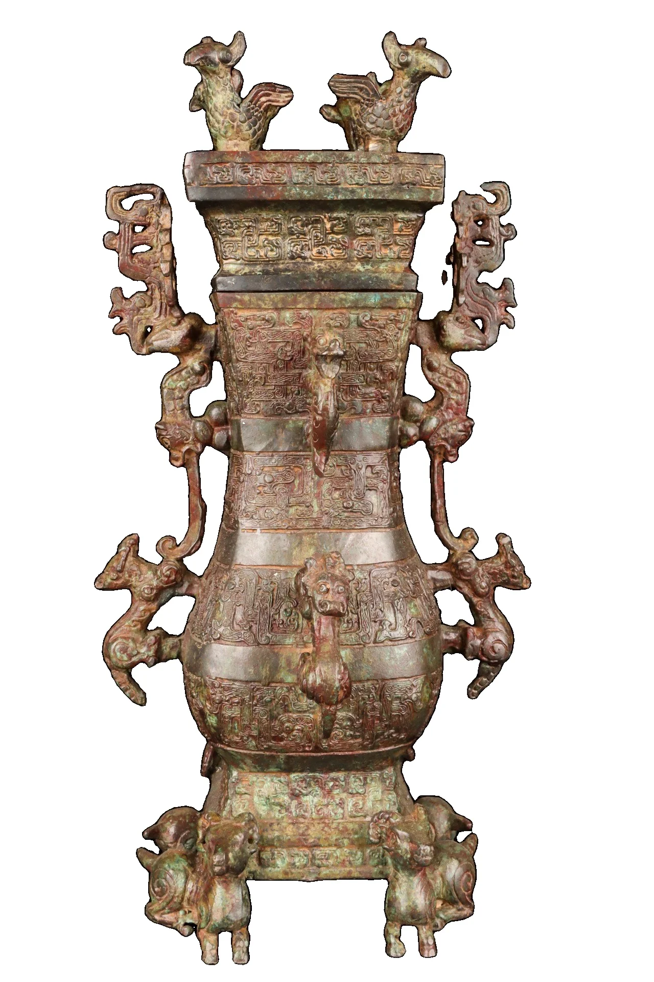 

LAOJUNLU Spring And Autumn Bronze Standing Bird Sheep'S Foot Eight Dragon Bottle Height 37Cm Chinese Traditional Style