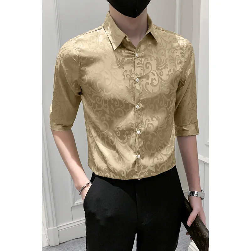

Gold Luxury Satin Shirts For Mens Wedding Elegant White Dress Shirts Smooth Silk Gentleman Club Party Wear Slim Stylish Clothing