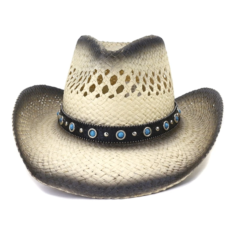

Fashion Hollow Woven Straw Hat Cowgirl Cowboy Hat Western Outback with Wide Brim Beach Travel Sun Hat for Men Drop Shipping
