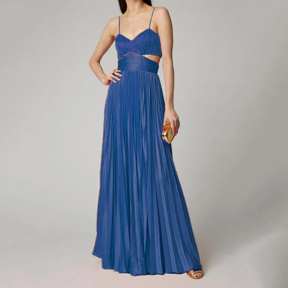 

Bandeau Sleeveless Backless A-Line Sling Dress Waist Hollow Stitching Pleated Large Hem Maxi Dress Female Clothing vestido