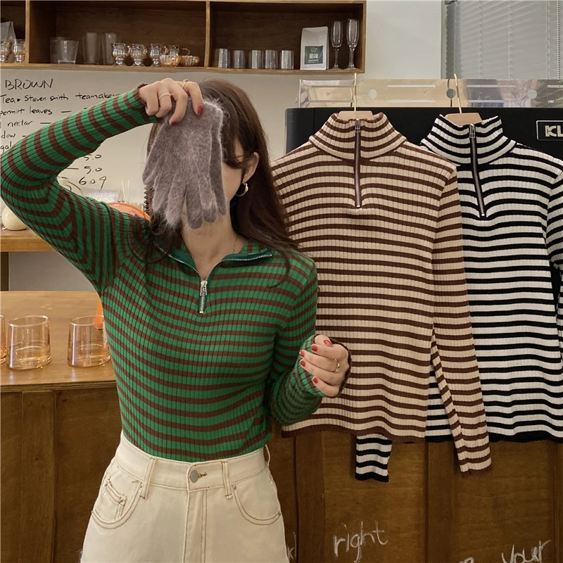 

FAKUNTN Fashion Turtleneck Sweater Women Slim Fit Knitting Vintage Pullvoers Tops Pull Femme Korean Striped Sweet Jumper
