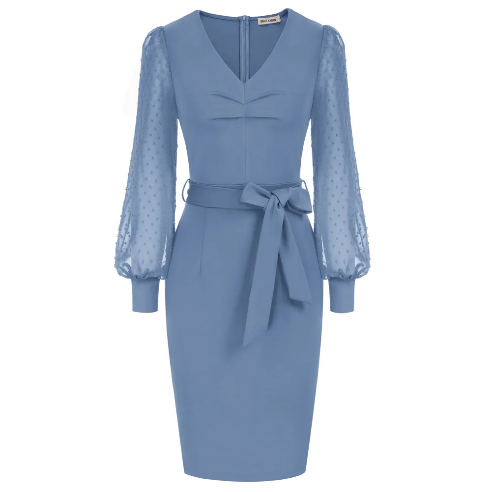 

GRACE KARIN Women Wiss Dot Mesh Long Sleeve Bodycon Dress OL V-Neck Tie Waist Pencil Dress Midi Elegant Cocktail Party Dresses