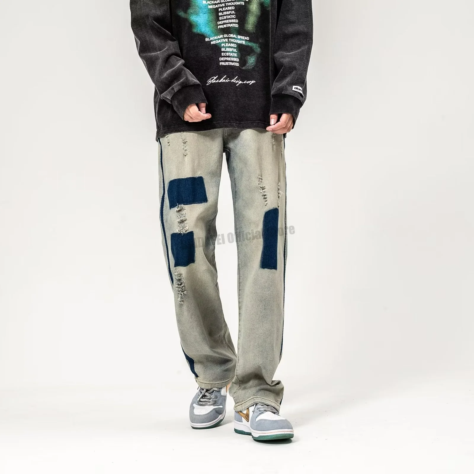 

Men's Patch Jeans Four Seasons Retro Washed Distressed Colorblock Ripped Straight Pants Trend Streetwear Ins Hot Sale JEANS
