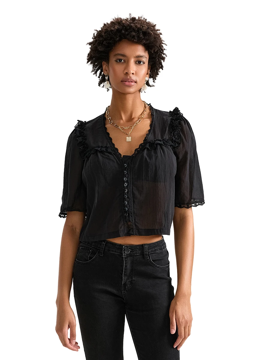 Женские рубашки с коротким рукавом кружевные модные блузки на пуговицах