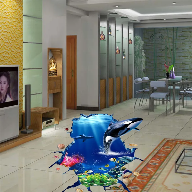 

3D Underwater World Wall Sticker Dolphin Self-adhesive Removable DIY Decals Floor Stickers for Aquarium Living Room Bathroom