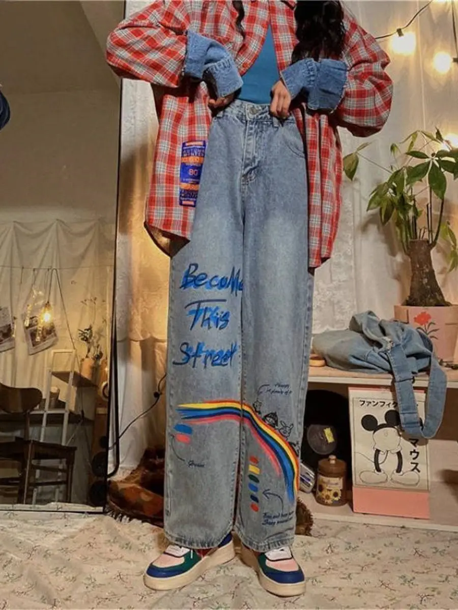 Модные радужные джинсы для девушек Ulzzang прямые брюки с широкими штанинами в стиле