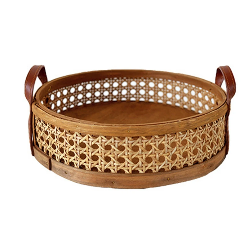 

Rattan Woven Storage Basket Home Living Room Round Placing Tray for Fruit Bread Breathable Desktop Organizer