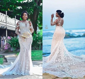 Plus Size Long Sleeve Beach Wedding Dresses 2023 Jewel Neck Lace Applique African Sheer Neck Mermaid Bride Garden Wedding Recept