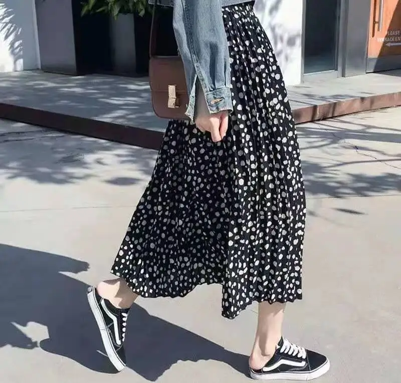 

2023 Spring Summer Women Natural Waist Pleated Skirts Female Fashion Casual Thin Leopard Skirt Sweet Style Streetwears College