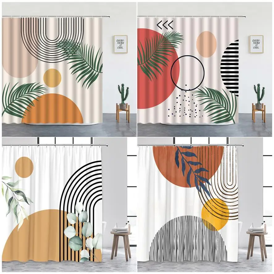 

Mid Century Creative Shower Curtains Black Line Green Leaves Geometric Abstract Art Modern Fabric Print Bathroom Curtain Decor