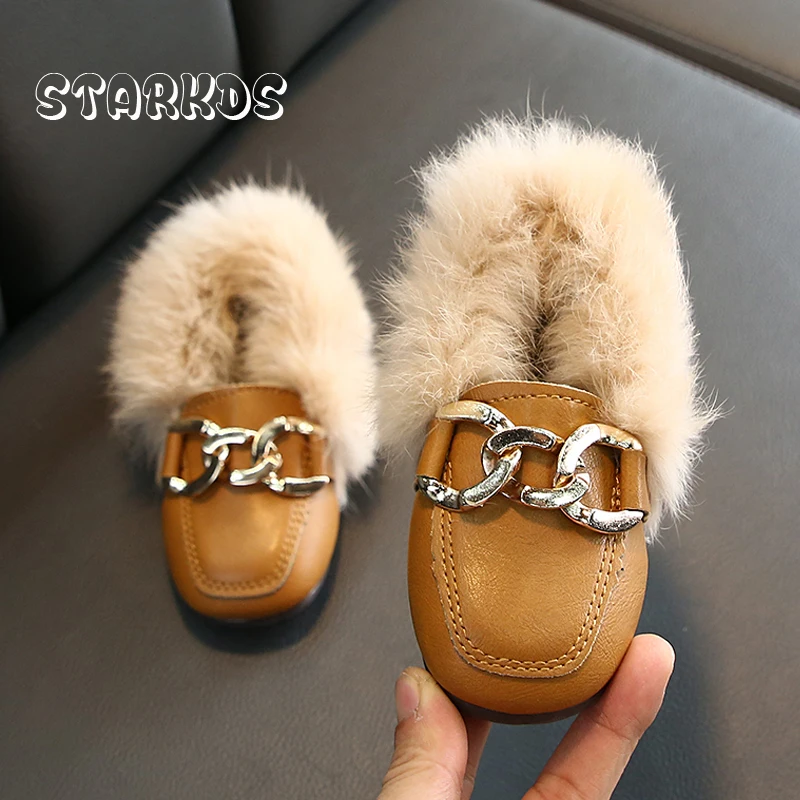Girls Brand Design Furry Loafers Kids Warm Plush Shoes Child Luxury Real Rabbit Fur Mules with Metal Chain and Elastic Band enlarge