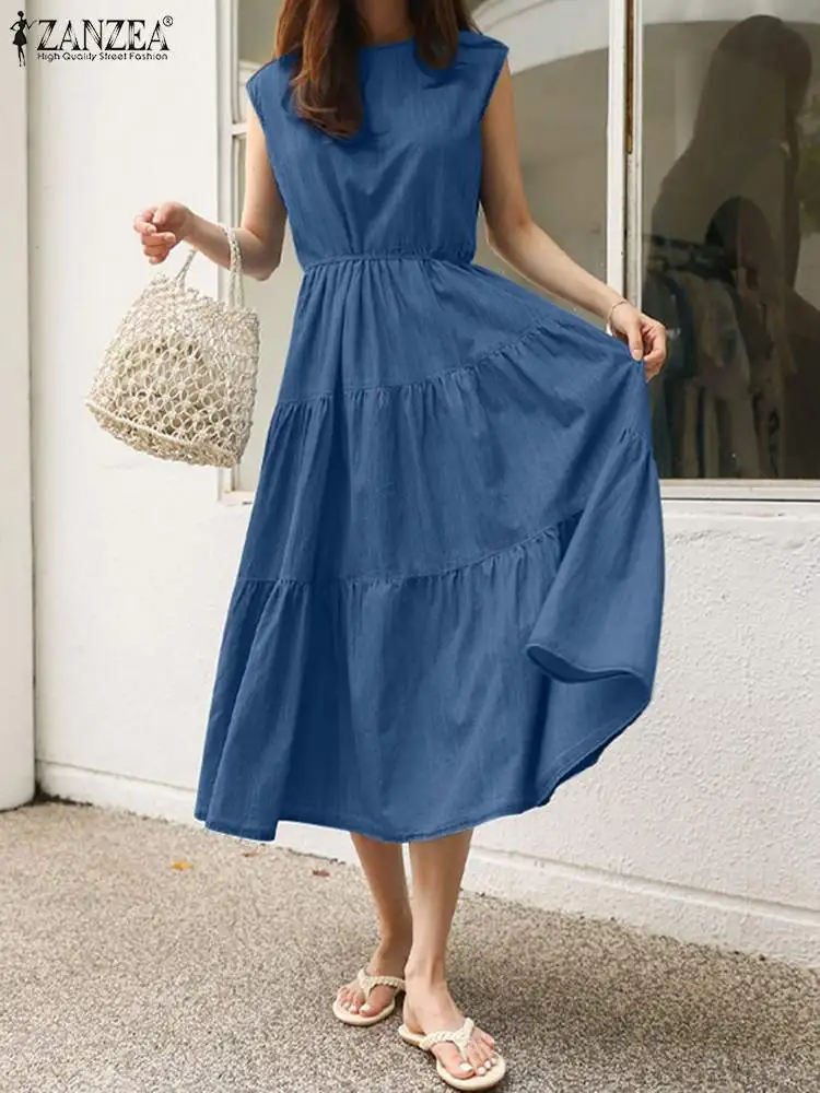 

ZANZEA Fashion Women Sleeveless Dresses 2023 Summer Ruffles Patchwork Midi Vestidos Oversized Casual Solid Baggy Holiday Robes