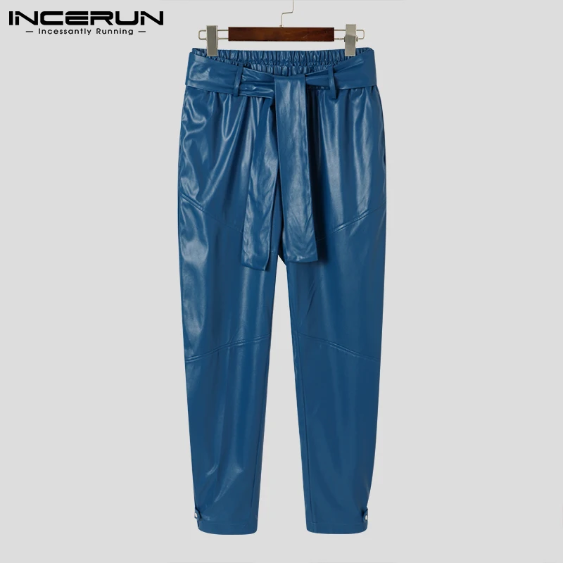 

INCERUN Men Casual Pants Solid Color Lace Up Streetwear PU Leather Fashion Trousers Men Loose 2022 Personality Pantalon S-5XL