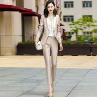 high quality women professional wear office suit pants 2 piece set autumn acetate satin elegant female jacket casual trousers