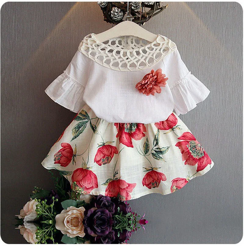 

Baby Girls Clothing Set 2022 Summer New Fashion Cutout Ruffle Sleeve Top/Flower Skirt 2 Pcs Outfits 2-7 Years Child Costume