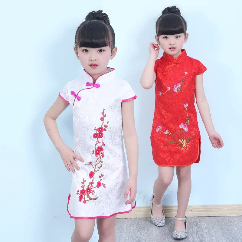 

Kids Summer Modern Cheong-Sam Dress Princess Children Plum Blossom Floral Embroidery Girl Qi Pao New Style Baby Qipao Cheongsam