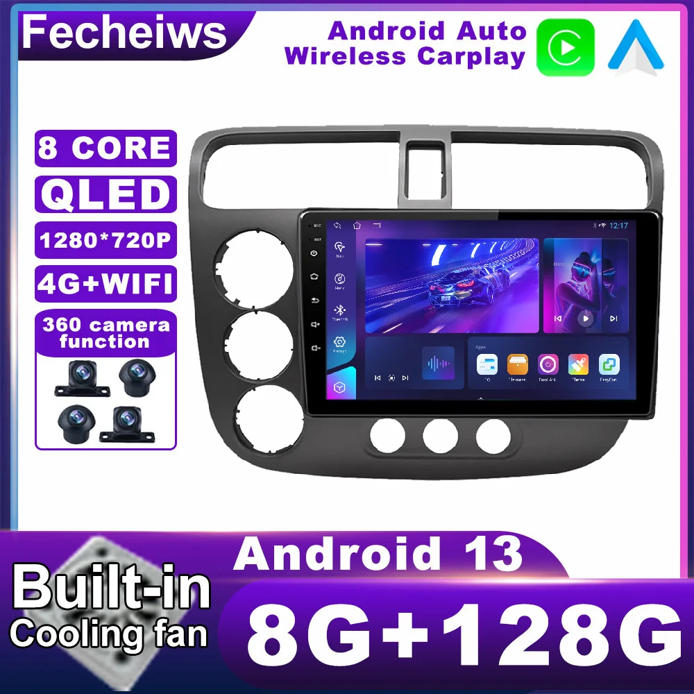 

Автомагнитола 9 дюймов Android 13 для Honda Civic 2000-2006, автомагнитола ADAS QLED мультимедийный DSP No 2din WIFI BT Авторадио 4G LTE навигация GPS