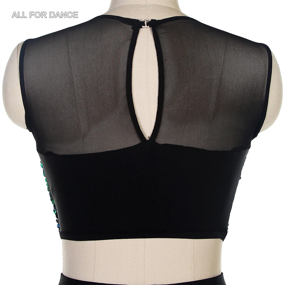 18037 Зеленый танцевальный топ с блестками и черной сеткой черные брюки для