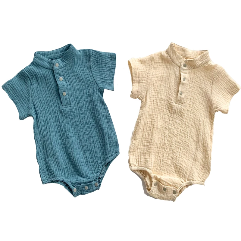

Summer Newborn Infant Casual Baby Girls Romper Muslin Short Sleevele Rompers Kids Fashion Baby Clothing Blue/beige 3M-18M